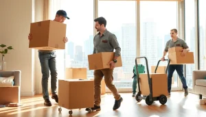 Toronto movers expertly handling boxes in a modern apartment setting.
