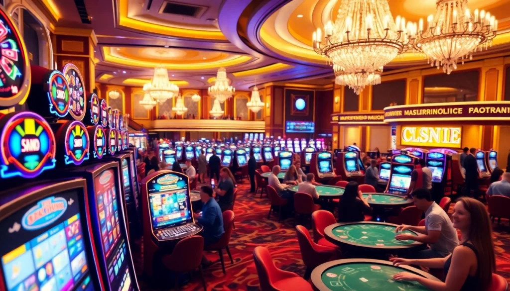 คาสิโนที่มีความคึกคักด้วยเครื่องสล็อตและโต๊ะไพ่ที่มีสีสัน