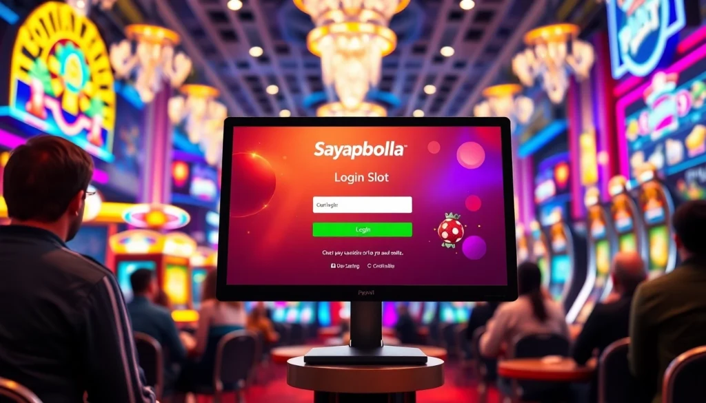 Login slot page sayapbola terlihat jelas di layar komputer dengan suasana kasino yang menarik.