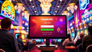 Login slot page sayapbola terlihat jelas di layar komputer dengan suasana kasino yang menarik.