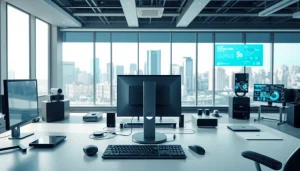 Transform technology workspace with advanced gadgets and vibrant cityscape in the background.