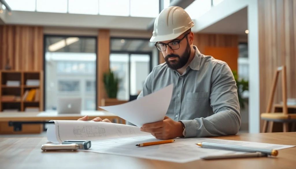 Skilled New York General Contractor analyzing construction plans in a modern office.