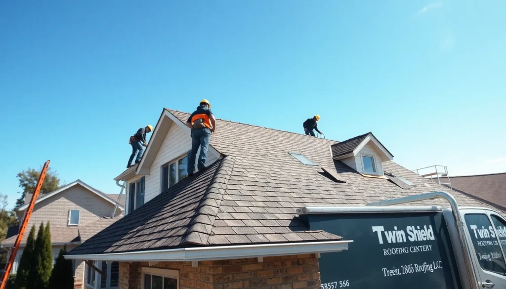 Installers from Twin Shield Roofing working on a residential roof with clear sky and tools.