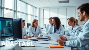 Researchers engaged in the ADAPTABLE Aspirin Study, analyzing data in a modern laboratory.