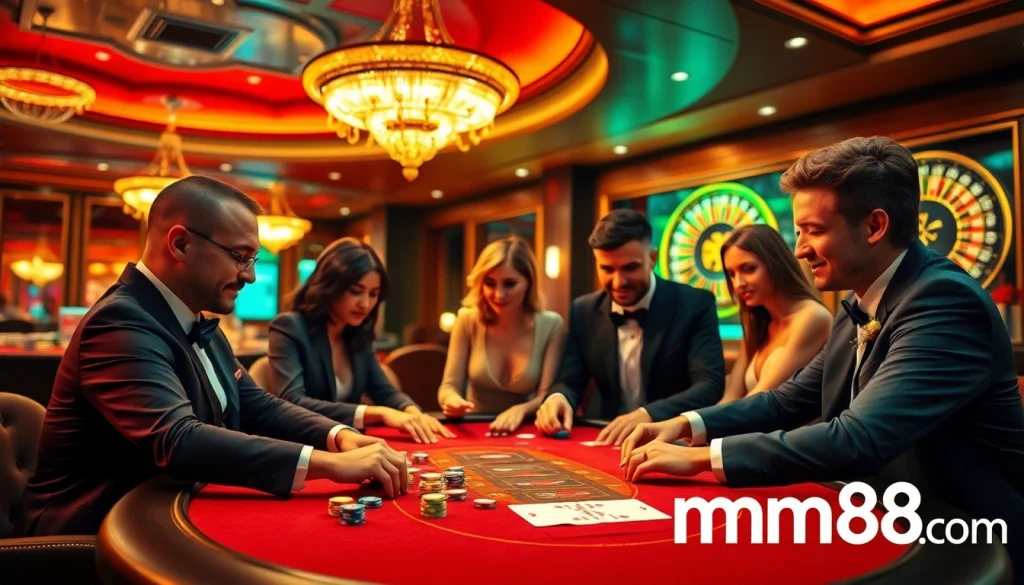 Players engaging intensely at a poker table in an upscale casino setting with mm88.com branding subtly featured.