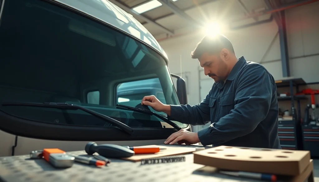 Truck windshield replacement Denver service: technician skillfully installing a windshield in a garage.
