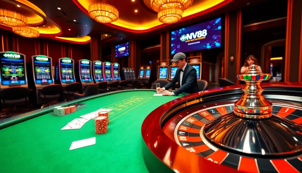Experience the excitement of the MV88 game with poker chips and a lively casino table atmosphere.