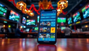 Showcase of best sports betting apps in India on a smartphone in an energetic sports bar setting.