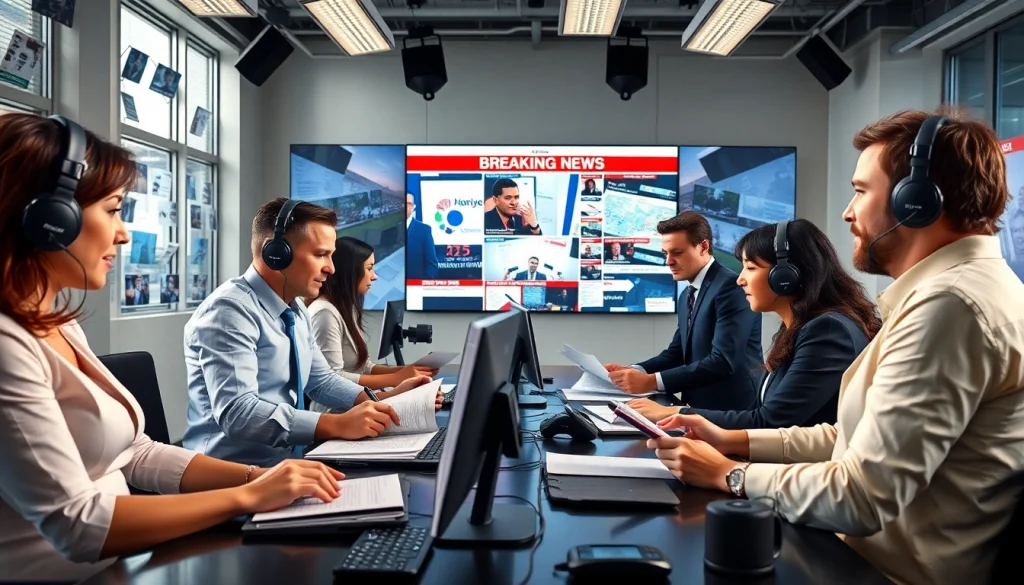 تغطية اخبار العرب في غرفة أخبار حديثة مع صحفيين يتعاونون.