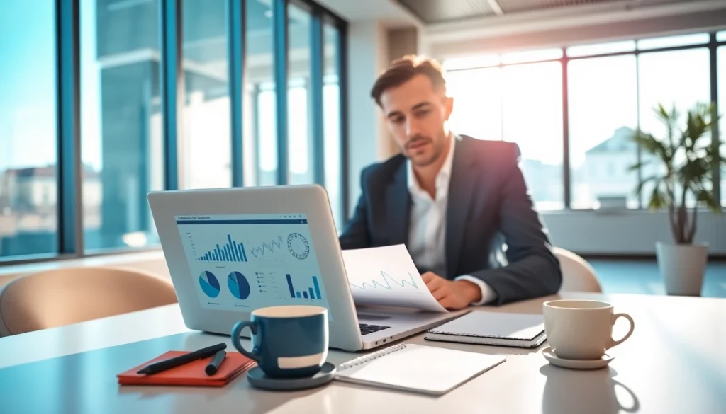 Analyze B2B mystery shopping data with a business consultant in a modern office.