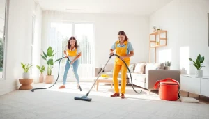Cleaning Service team efficiently cleaning a bright living room environment with modern decor.