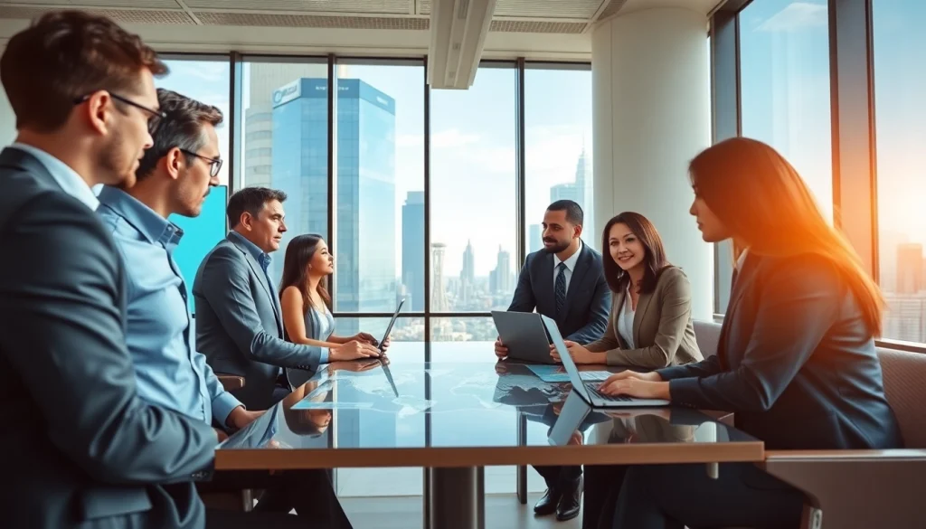Engaged team discussing international business real estate strategies in a modern office setting.