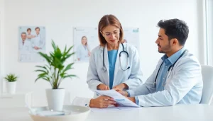 Consultation at https://www.medexdtc.com showcasing doctor talking to a patient in a modern clinic.