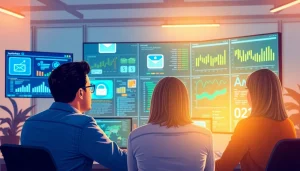 Team collaborating on Email Security & Archiving with digital analytics for enhanced protection.