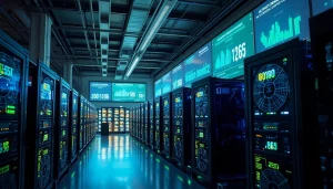 Visual representation of a high-tech crypto mining operation with ASIC miners and digital data displays.