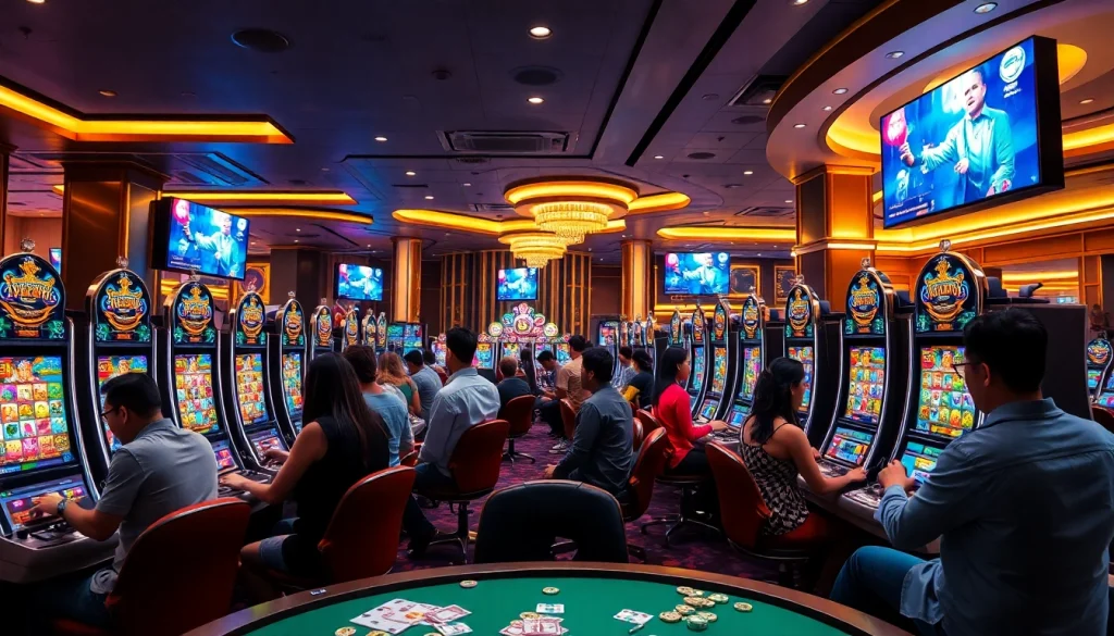 Engage with excitement at https://rusia777.com online gaming, showcasing players in a vibrant casino setting.