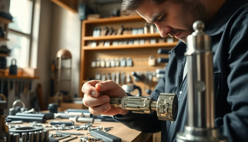 Locksmith demonstrating skills at https://www.dakenlocks.com with intricate locking mechanisms.
