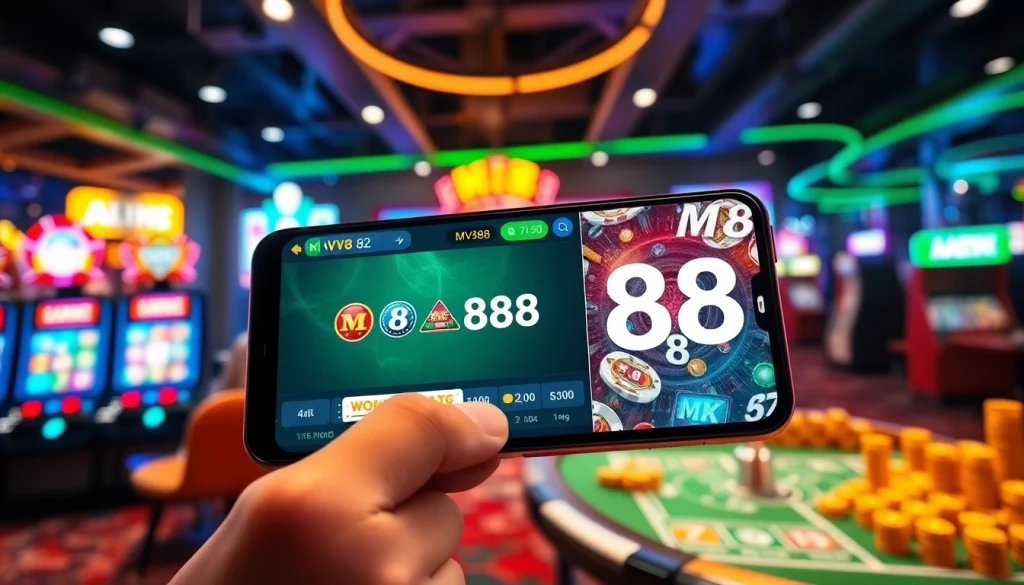 The MV88 game interface displayed on a smartphone amidst a vibrant gaming environment, highlighting excitement and engagement.