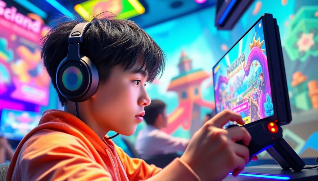 Masuk ke bolahiu login game melalui layar yang penuh warna dan gamer yang bersemangat.