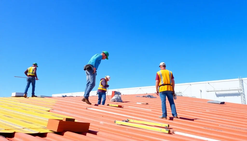 Team delivering commercial roofing services with professional equipment and safety gear.