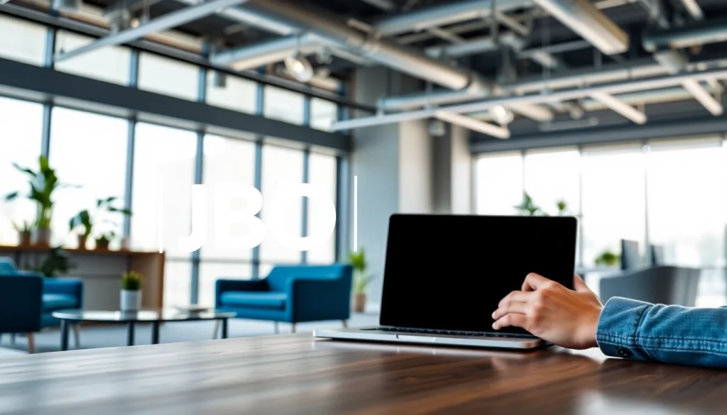 JBO logo design showcased in a professional office environment with modern aesthetics.