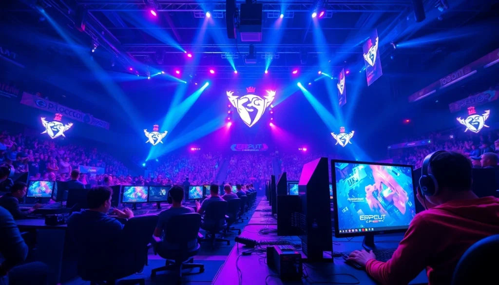 Gamers at https://gamelevate.com competing in an exciting esports arena with bright lights.