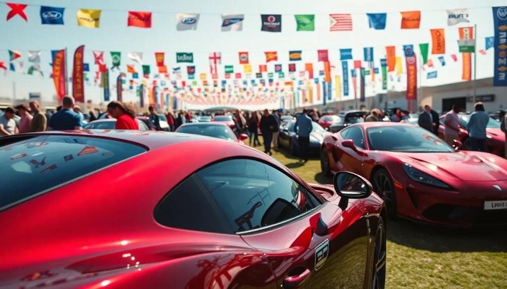 Explore the vibrant atmosphere of an Auto Cars Show featuring a sleek sports car and enthusiastic visitors.