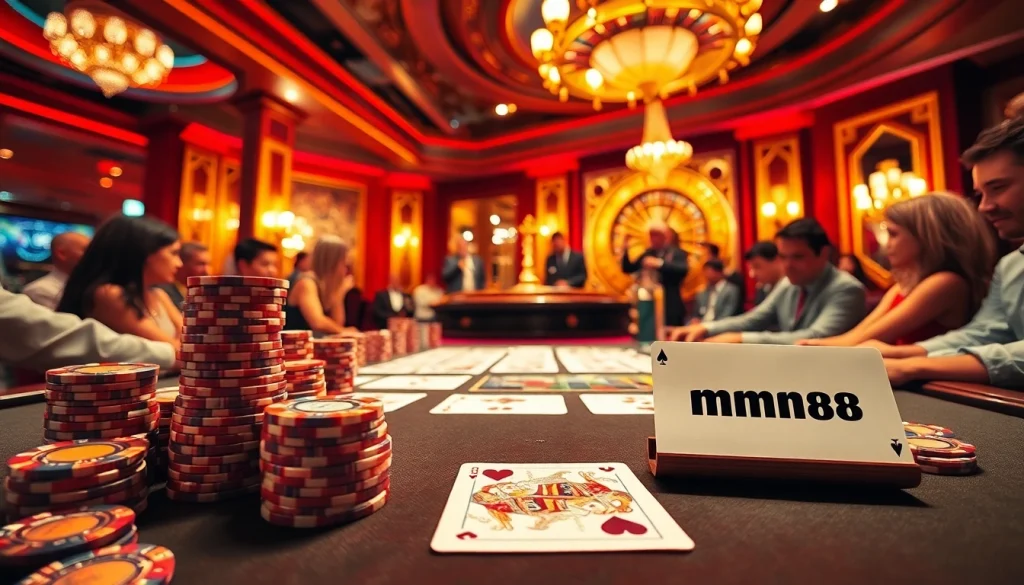 mm88 Poker game scene featuring vibrant poker chips and cards