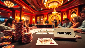 mm88 Poker game scene featuring vibrant poker chips and cards