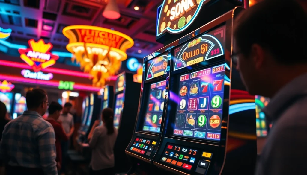 Bermain slot dengan mesin yang berkilau di kasino dengan pencahayaan sedang dan suasana yang penuh kegembiraan.