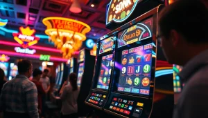 Bermain slot dengan mesin yang berkilau di kasino dengan pencahayaan sedang dan suasana yang penuh kegembiraan.