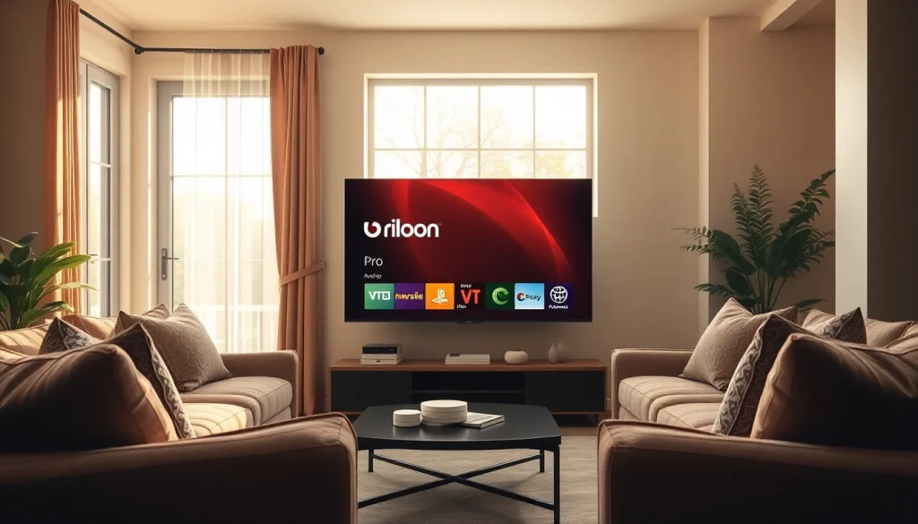 Showcase the "iron tv pro" interface on a sleek television in a cozy living room.