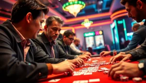 Aksi pemain dalam Domino88 poker game dengan suasana kasino yang cerah, seperti tumpukan chip dan kartu.