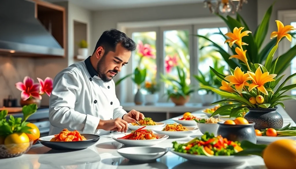 Chef preparing a gourmet dish for Private chef Sint Maarten in a luxurious villa.