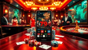 Experience thrilling gaming with the 79king app surrounded by vibrant casino elements.