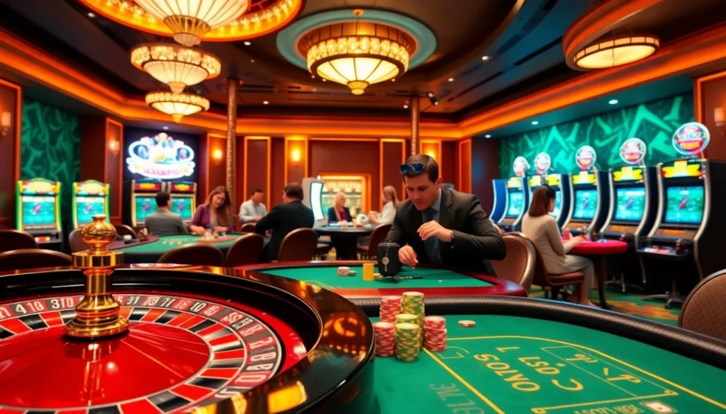 MM 88 casino scene featuring vibrant roulette and poker tables with players engaged.