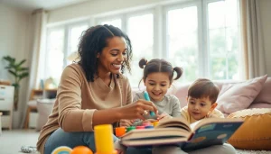 Hire a nanny in Abu Dhabi while a nanny joyfully interacts with children in a cozy home setting.