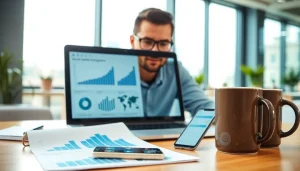 Enhance your presence with https://boost-social-media.com; view a strategist analyzing social media metrics.