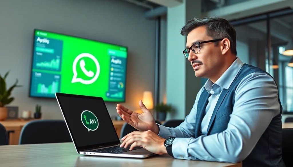 Engaging scene of a business professional utilizing the whatsapp api in an innovative workspace.