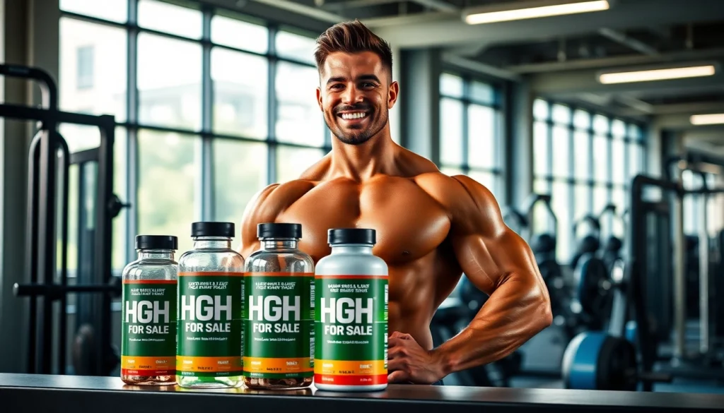 Highlighting HGH FOR SALE products with a professional trainer in a bright gym setting.