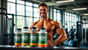 Highlighting HGH FOR SALE products with a professional trainer in a bright gym setting.