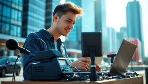 Conducting a noise impact assessment using sound level monitoring equipment in an urban setting.