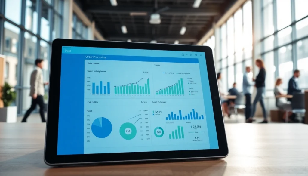 Utilize order processing software displayed on a tablet showcasing sales data and analytics in a vibrant office.