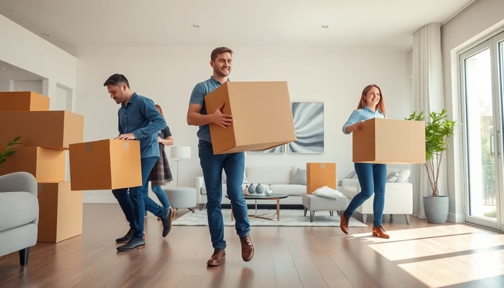 Toronto moving company team efficiently transporting boxes and furniture in a modern home.