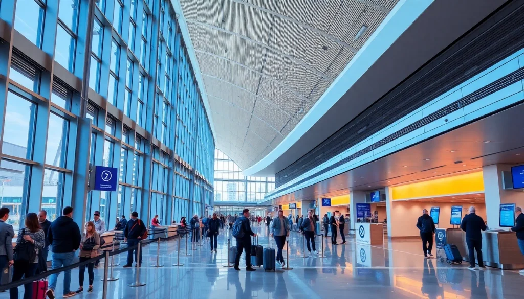 Manchester Airport features busy travelers checking in at a modern lobby with large windows.