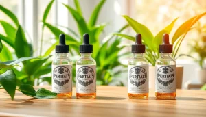 Liquid in stylish bottles displayed alongside fresh greenery, showcasing vibrant flavors.