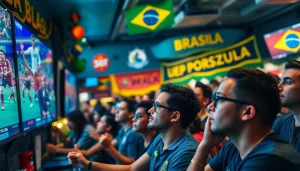 Engaging scene of sports betting in Brazil with fans celebrating and watching live games.
