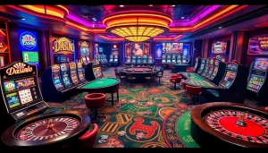 KJC AC 2 sign displaying excitement on a bustling casino floor with slot machines and poker tables.