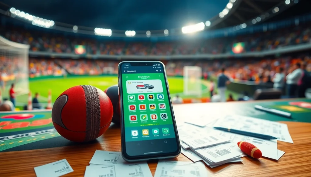 Showcasing the best sports betting apps in India on a smartphone surrounded by sports elements.