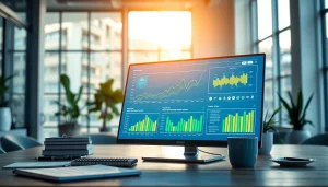 Interactive analytics showcased on devices at https://benchbot.ai, illustrating advanced technology in a professional office.